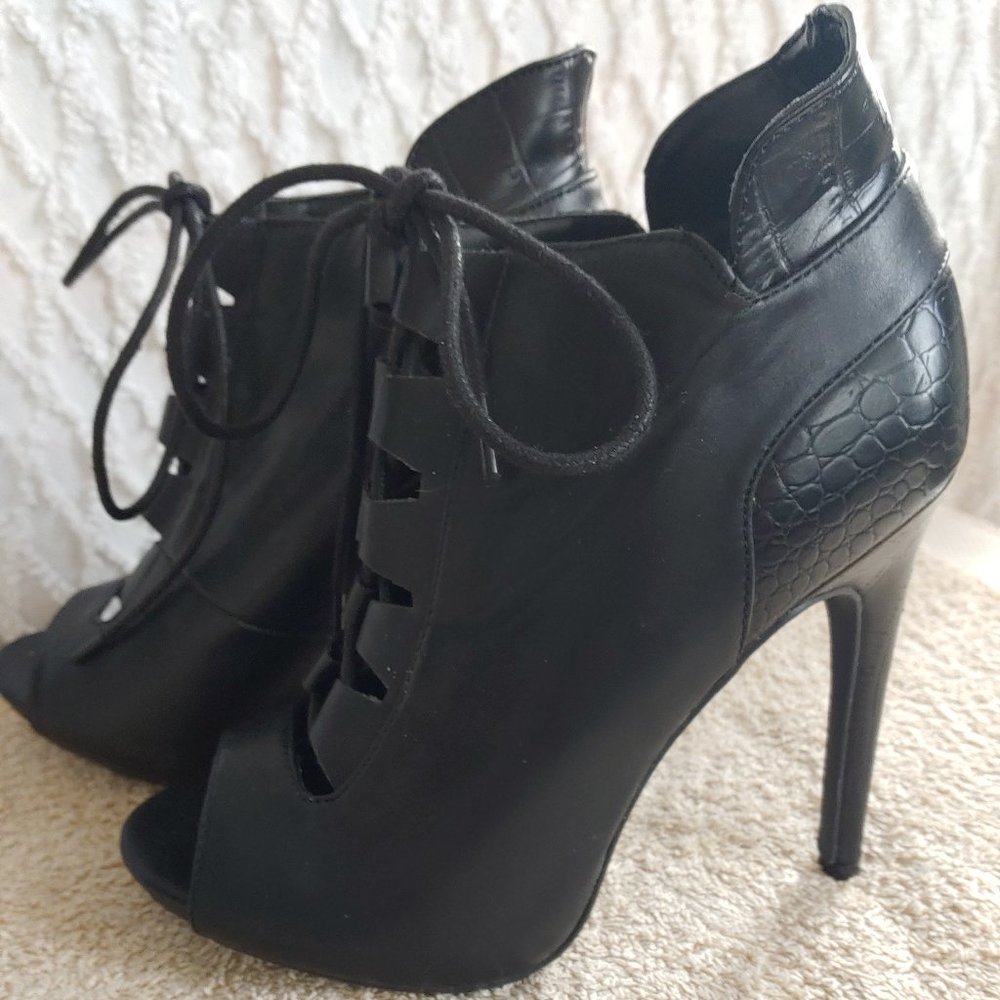Open Toe Stiletto Lace-Up Ankle Booties Croc Detail